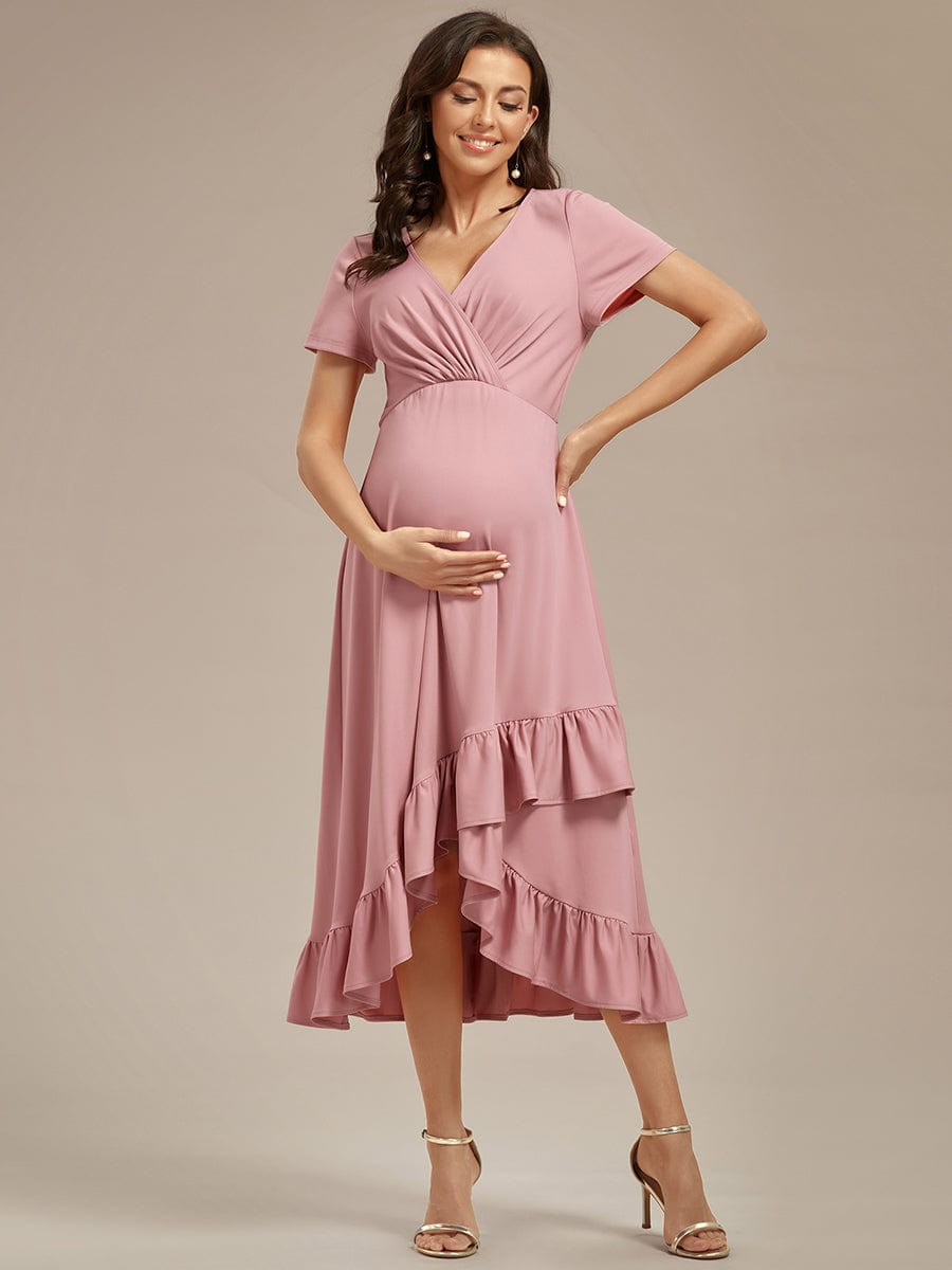 Ruffles High Low Hemline V-Neck High Stretch Maternity Dress