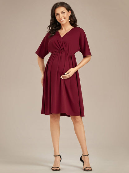 Loose V-Neck Half Sleeve Knee Length Maternity Dress #color_Burgundy