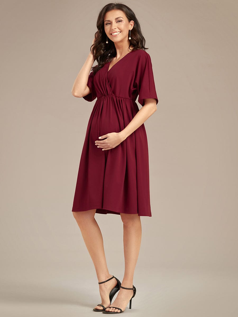 Loose V-Neck Half Sleeve Knee Length Maternity Dress #color_Burgundy