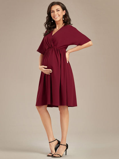 Loose V-Neck Half Sleeve Knee Length Maternity Dress #color_Burgundy