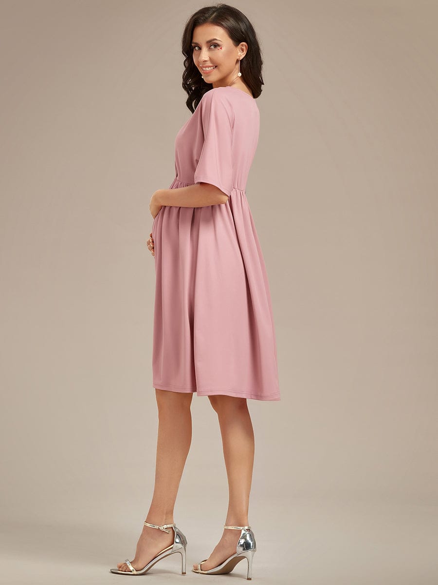 Loose V-Neck Half Sleeve Knee Length Maternity Dress #color_Dusty Rose