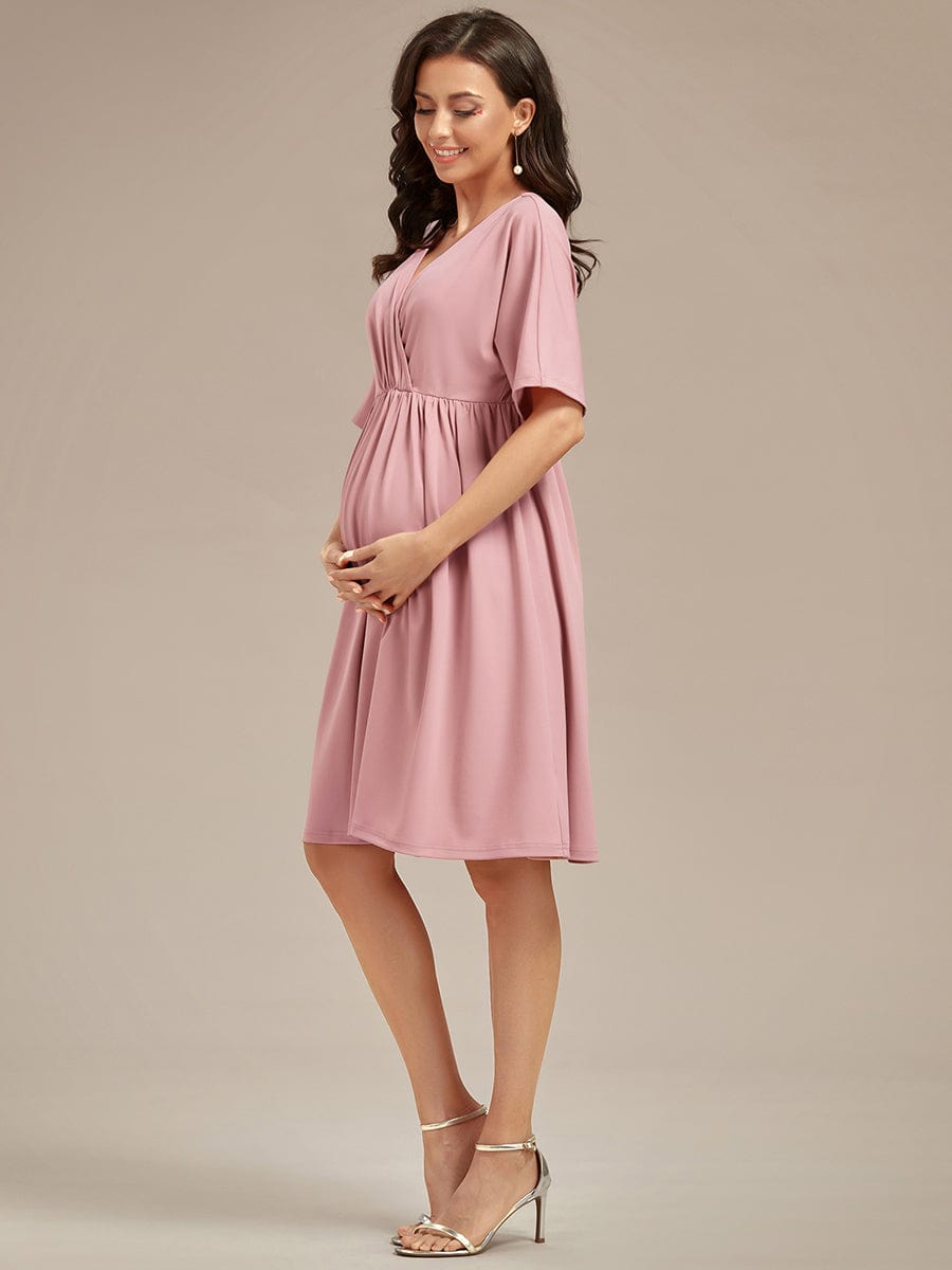 Loose V-Neck Half Sleeve Knee Length Maternity Dress #color_Dusty Rose