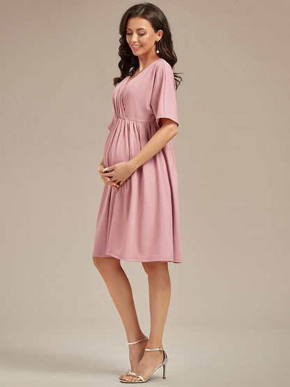 Loose V-Neck Half Sleeve Knee Length Maternity Dress #color_Dusty Rose