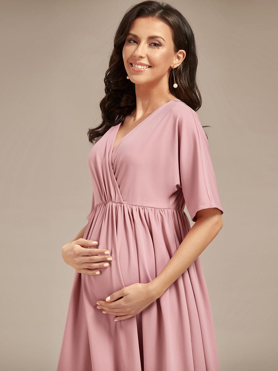 Loose V-Neck Half Sleeve Knee Length Maternity Dress #color_Dusty Rose