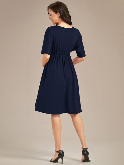 Loose V-Neck Half Sleeve Knee Length Maternity Dress #color_Navy Blue