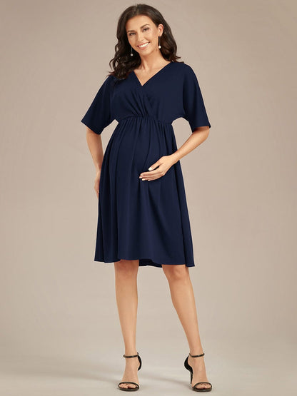 Loose V-Neck Half Sleeve Knee Length Maternity Dress #color_Navy Blue