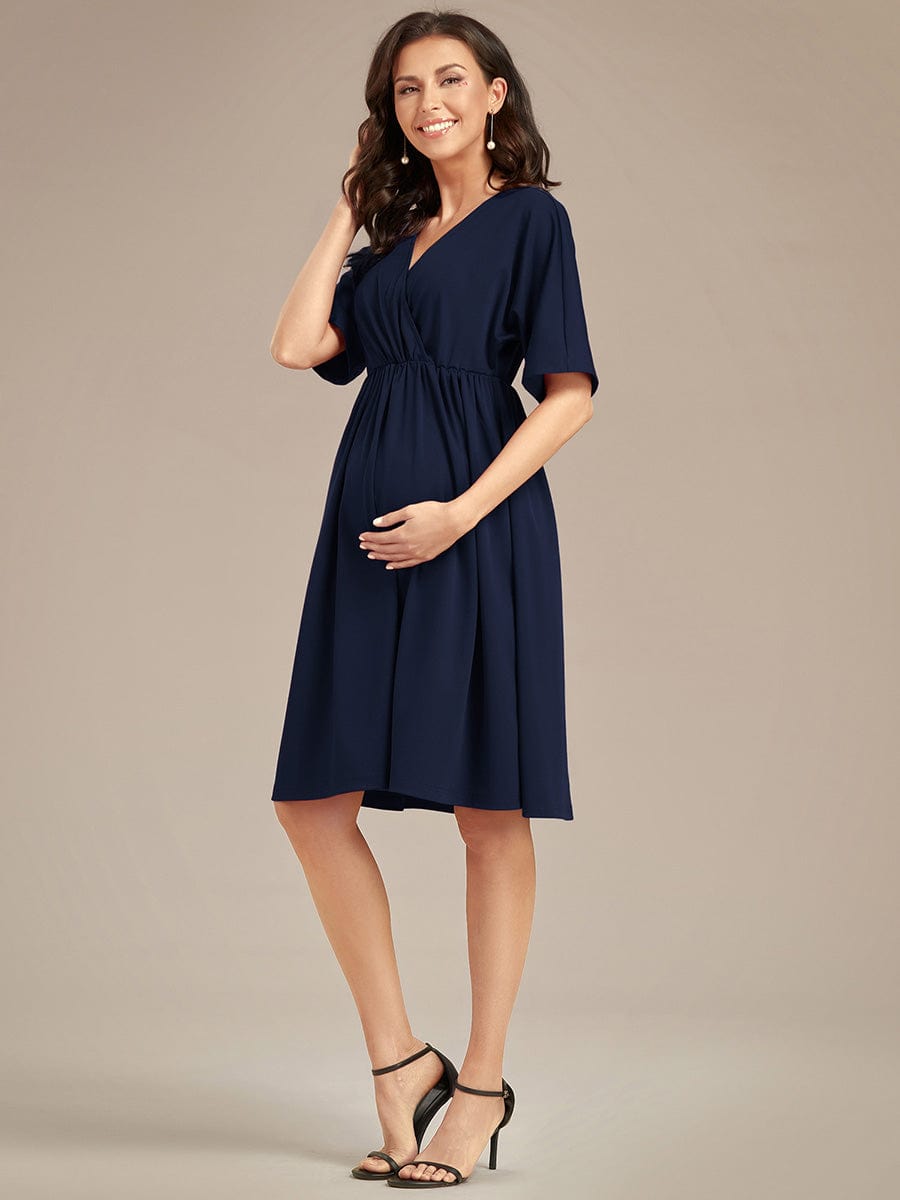 Loose V-Neck Half Sleeve Knee Length Maternity Dress #color_Navy Blue