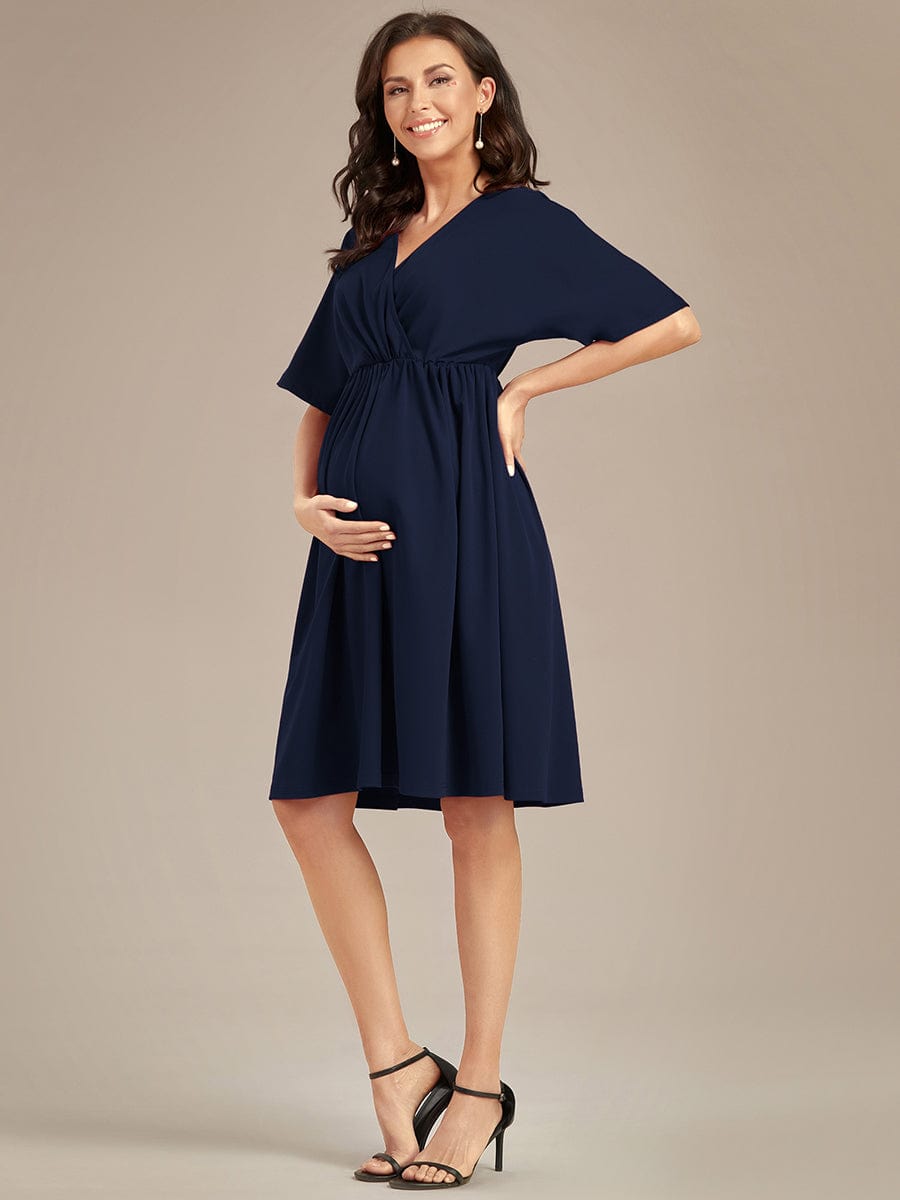 Loose V-Neck Half Sleeve Knee Length Maternity Dress #color_Navy Blue