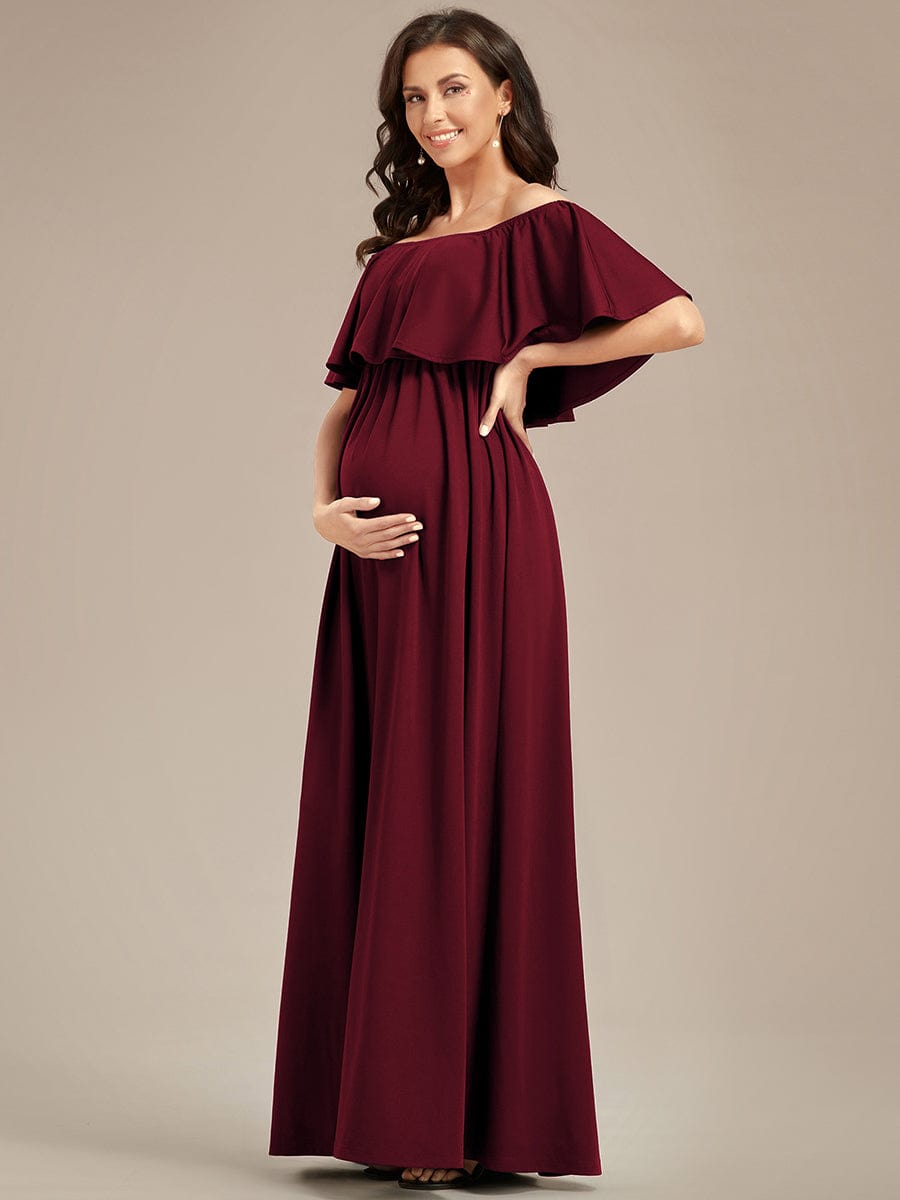 Flattering A-Line Maternity Dress with Off-Shoulder Ruffle #color_Burgundy