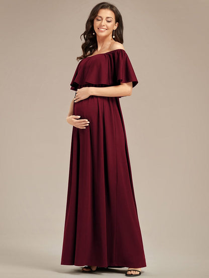 Flattering A-Line Maternity Dress with Off-Shoulder Ruffle #color_Burgundy