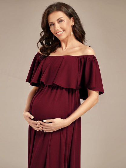 Flattering A-Line Maternity Dress with Off-Shoulder Ruffle #color_Burgundy