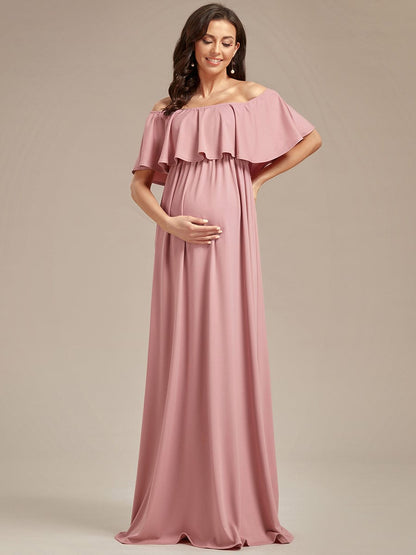 Flattering A-Line Maternity Dress with Off-Shoulder Ruffle #color_Dusty Rose