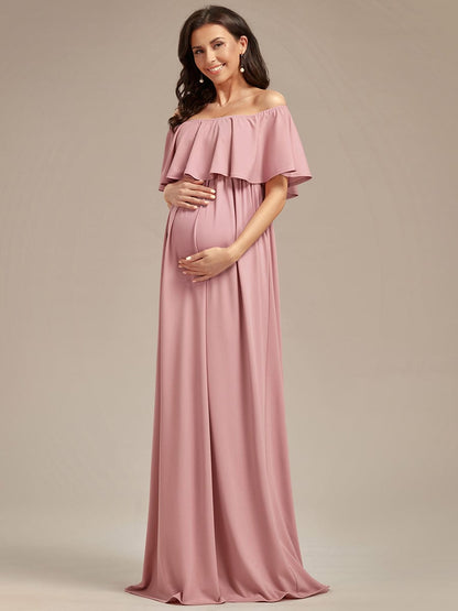 Flattering A-Line Maternity Dress with Off-Shoulder Ruffle #color_Dusty Rose