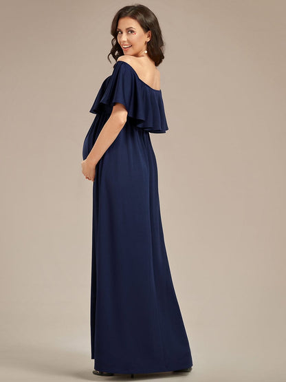 Flattering A-Line Maternity Dress with Off-Shoulder Ruffle #color_Navy Blue