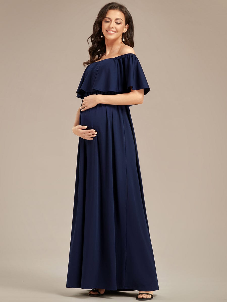 Flattering A-Line Maternity Dress with Off-Shoulder Ruffle #color_Navy Blue