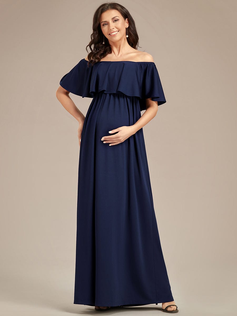 Flattering A-Line Maternity Dress with Off-Shoulder Ruffle #color_Navy Blue