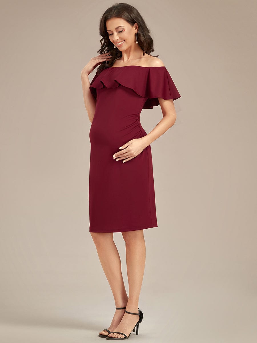 Elegant Ruffle Off-The-Shoulder Bodycon Midi Maternity Dress #color_Burgundy