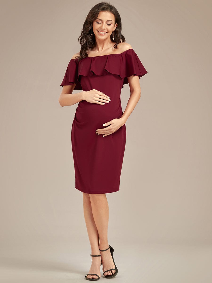 Elegant Ruffle Off-The-Shoulder Bodycon Midi Maternity Dress #color_Burgundy