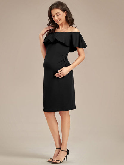 Elegant Ruffle Off-The-Shoulder Bodycon Midi Maternity Dress #color_Black