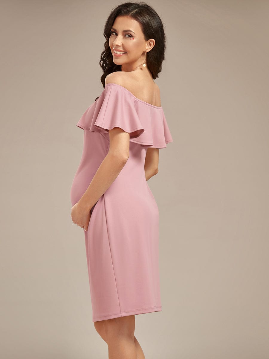 Elegant Ruffle Off-The-Shoulder Bodycon Midi Maternity Dress #color_Dusty Rose