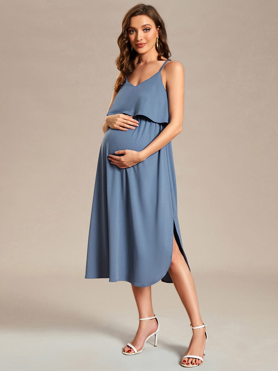 Airy Adjustable Spaghetti Straps Knee-Length A-Line Maternity Dress #color_Dusty Navy