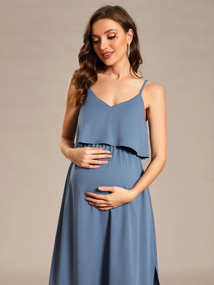 Airy Adjustable Spaghetti Straps Knee-Length A-Line Maternity Dress #color_Dusty Navy