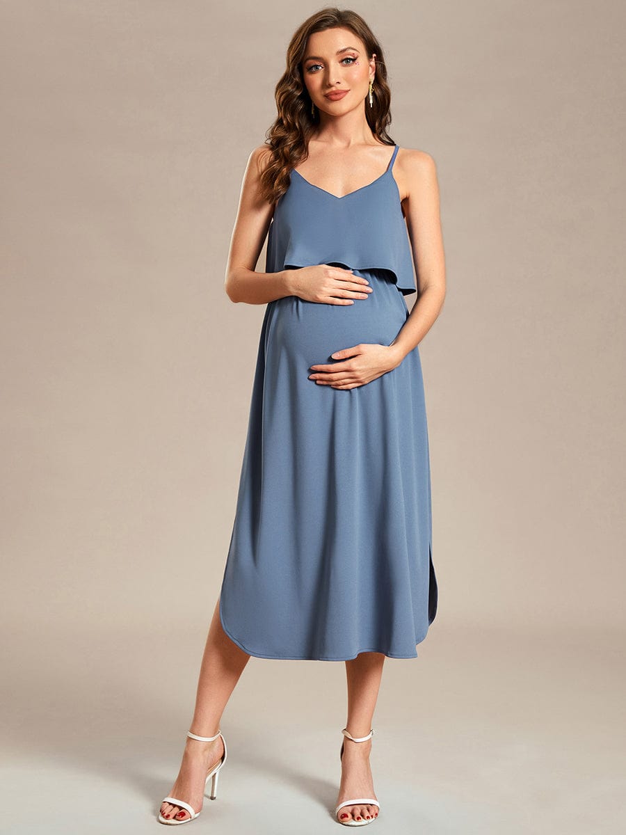 Airy Adjustable Spaghetti Straps Knee-Length A-Line Maternity Dress #color_Dusty Navy