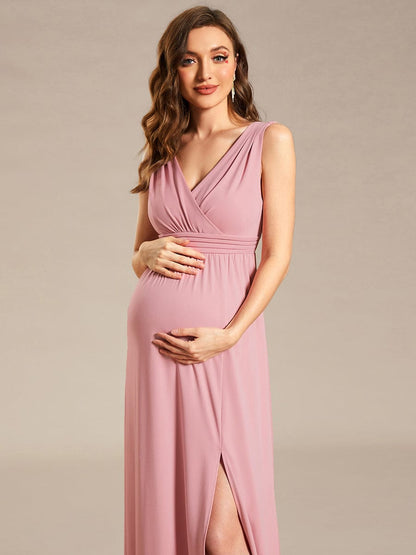 High Slit Sleeveless A-Line Stretchy Maxi Maternity Dress #color_Dusty Rose