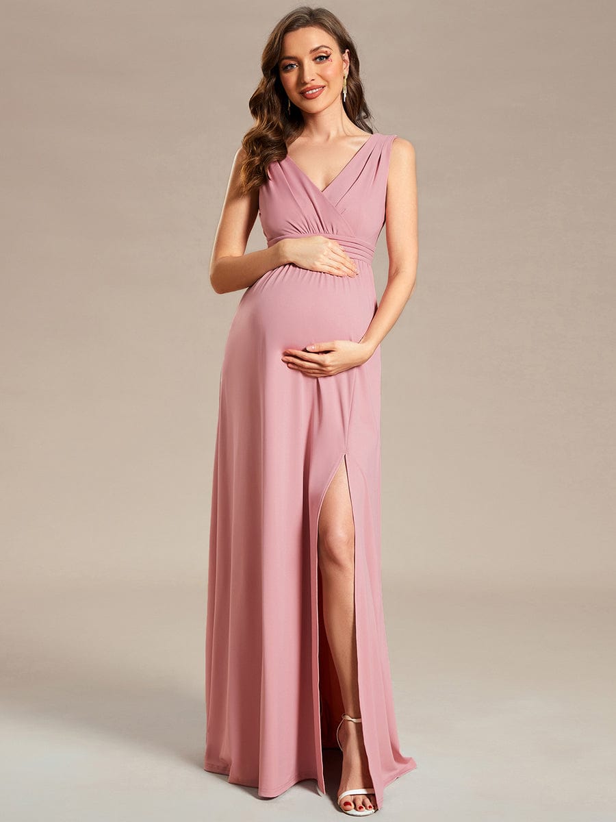 High Slit Sleeveless A-Line Stretchy Maxi Maternity Dress #color_Dusty Rose