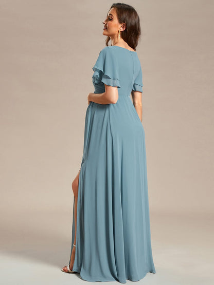 A-Line Ruffles Sleeve Front Slit Pleated Chiffon Maternity Dress #color_Dusty Blue