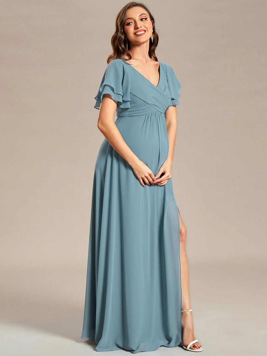 A-Line Ruffles Sleeve Front Slit Pleated Chiffon Maternity Dress #color_Dusty Blue