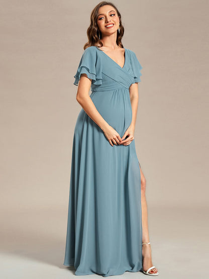 A-Line Ruffles Sleeve Front Slit Pleated Chiffon Maternity Dress #color_Dusty Blue