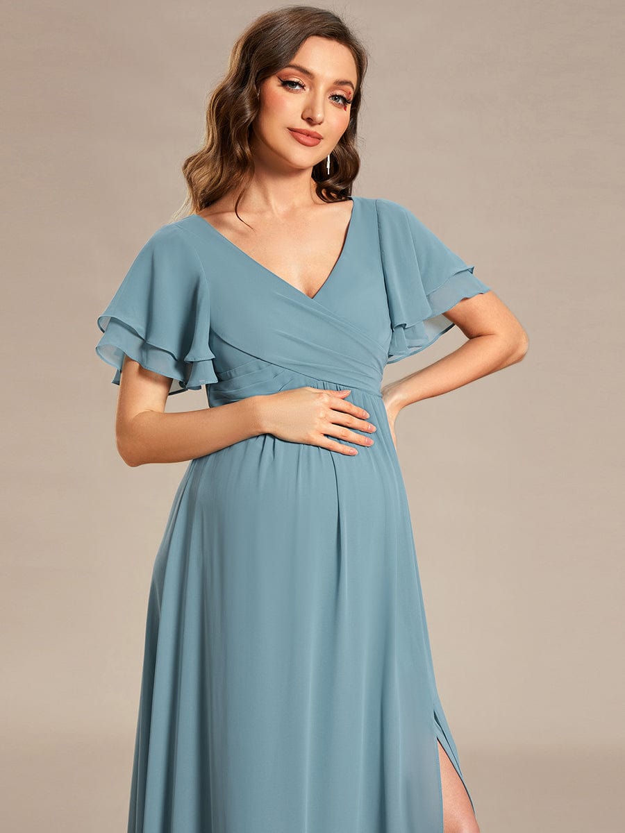 A-Line Ruffles Sleeve Front Slit Pleated Chiffon Maternity Dress #color_Dusty Blue