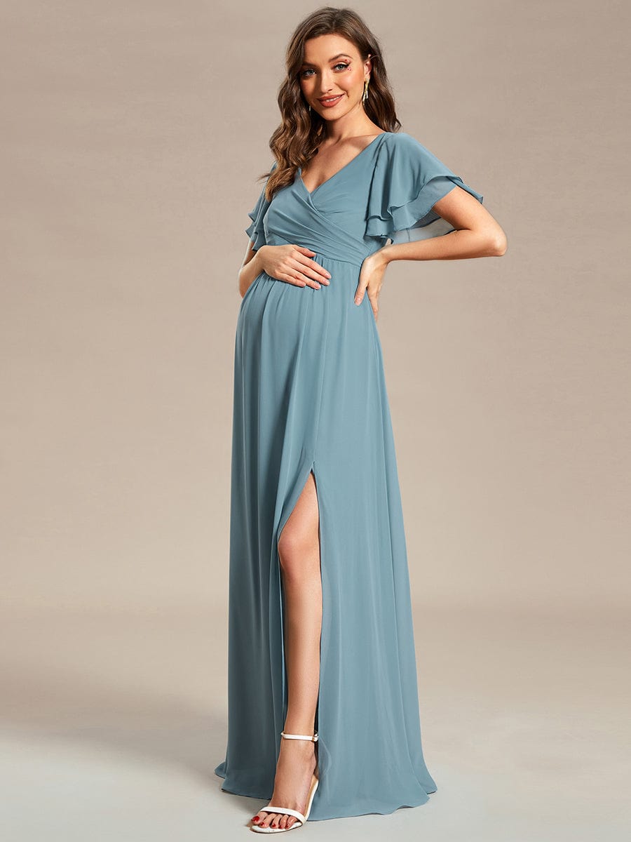 A-Line Ruffles Sleeve Front Slit Pleated Chiffon Maternity Dress #color_Dusty Blue