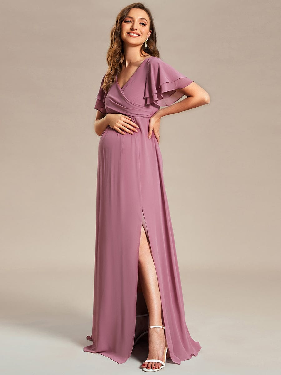 A-Line Ruffles Sleeve Front Slit Pleated Chiffon Maternity Dress #color_Purple Orchid