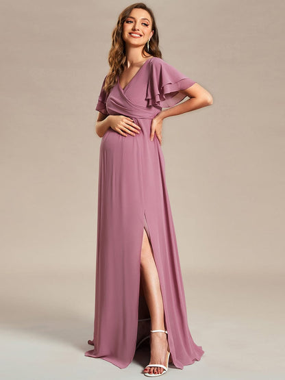 A-Line Ruffles Sleeve Front Slit Pleated Chiffon Maternity Dress #color_Purple Orchid