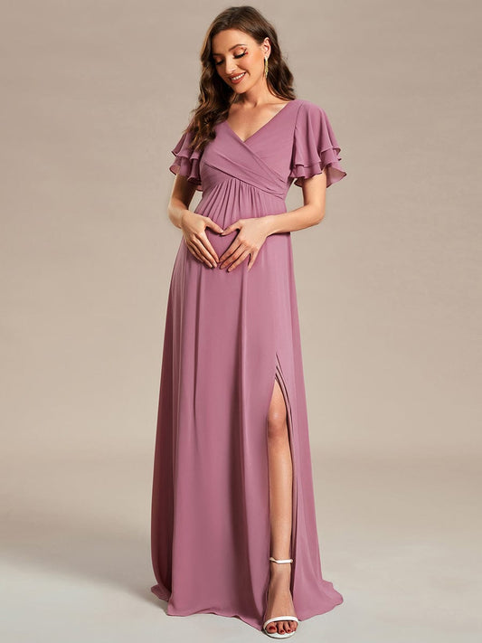 A-Line Ruffles Sleeve Front Slit Pleated Chiffon Maternity Dress #color_Purple Orchid