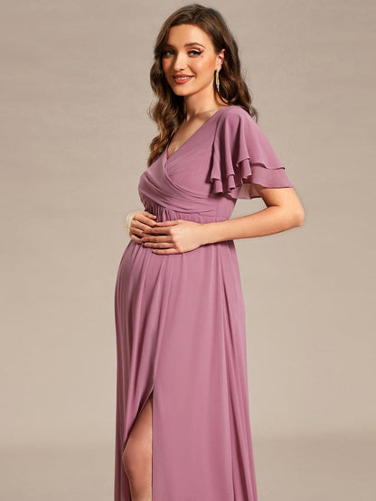 A-Line Ruffles Sleeve Front Slit Pleated Chiffon Maternity Dress #color_Purple Orchid