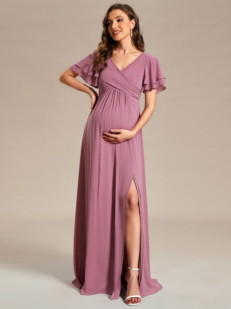 A-Line Ruffles Sleeve Front Slit Pleated Chiffon Maternity Dress #color_Purple Orchid