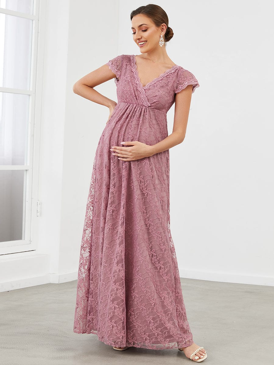 V-Neck Vintage Lace Short Sleeve Maxi Maternity Dress #color_Purple Orchid