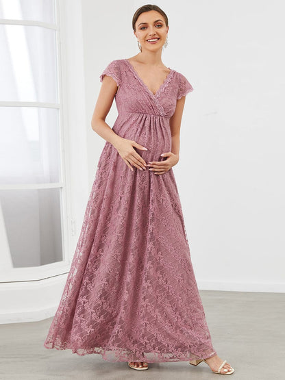 V-Neck Vintage Lace Short Sleeve Maxi Maternity Dress #color_Purple Orchid