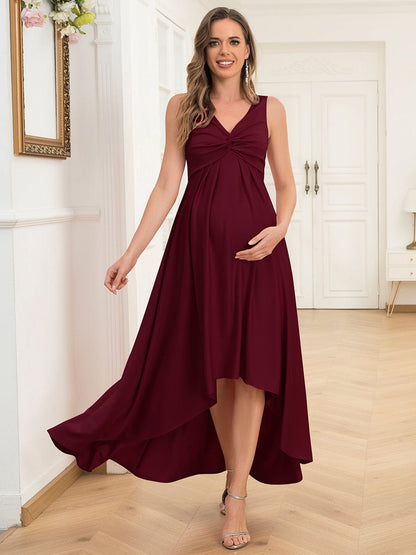 Sleeveless Pleated V-Neck High Low Maternity Dress #color_Burgundy