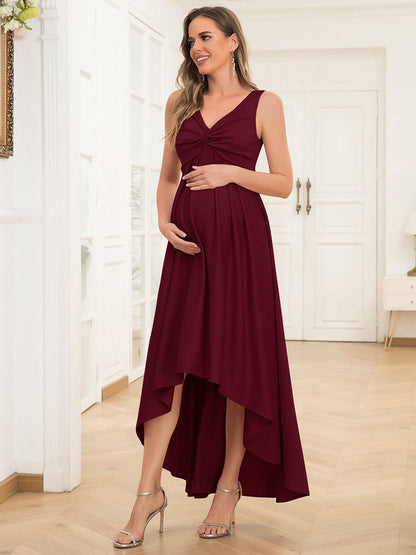 Sleeveless Pleated V-Neck High Low Maternity Dress #color_Burgundy