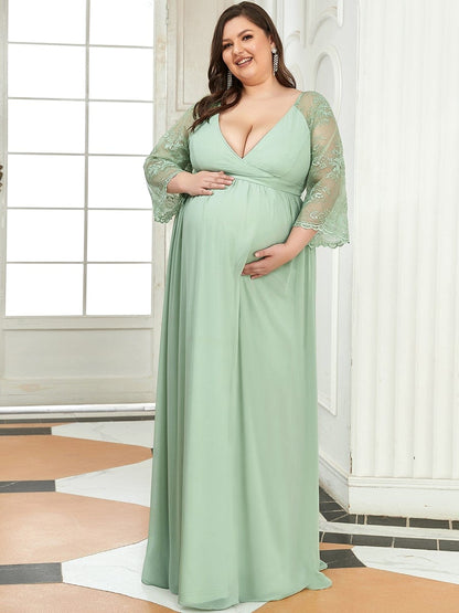 Plus Size V Neck Maternity Formal Dress with Sleeves #color_Mint Green