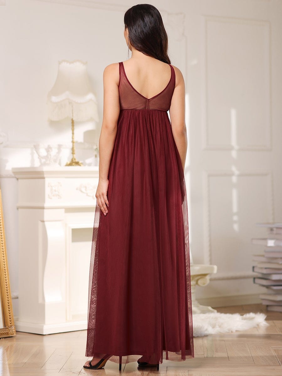 Double V-Neck Lace Bodice Long Flowy Maternity Dress #color_Burgundy