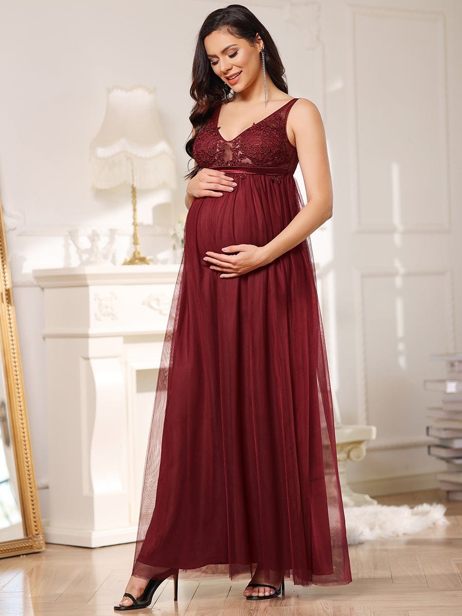 Plus Size Double V-Neck Lace Bodice Long Flowy Maternity Dress #color_Burgundy