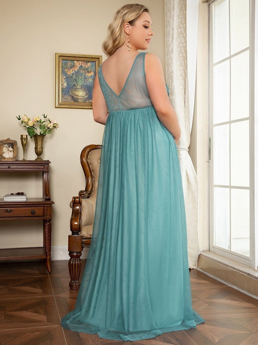 Plus Size Double V-Neck Lace Bodice Long Flowy Maternity Dress #color_Dusty Blue