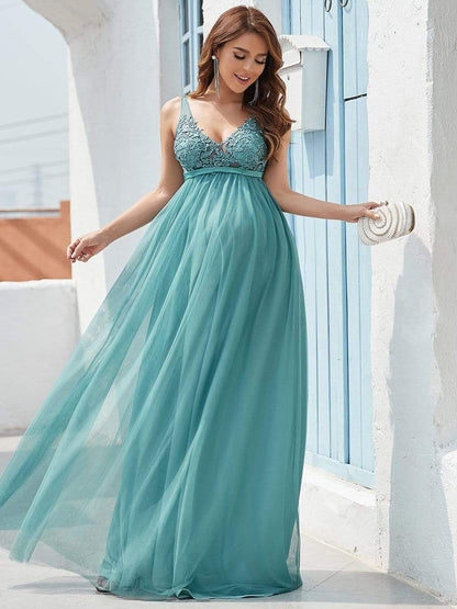 Double V-Neck Lace Bodice Long Flowy Maternity Dress #color_Dusty Blue