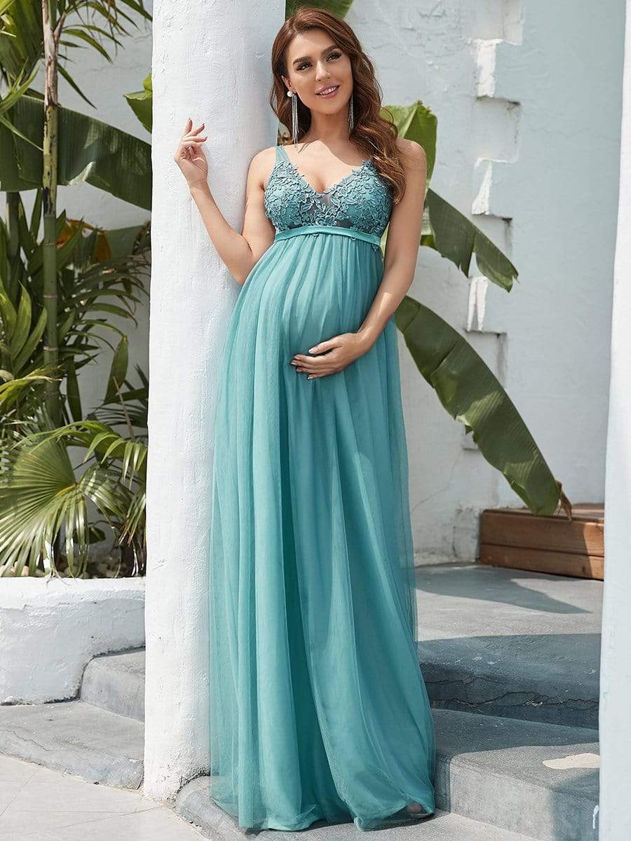 Double V-Neck Lace Bodice Long Flowy Maternity Dress #color_Dusty Blue