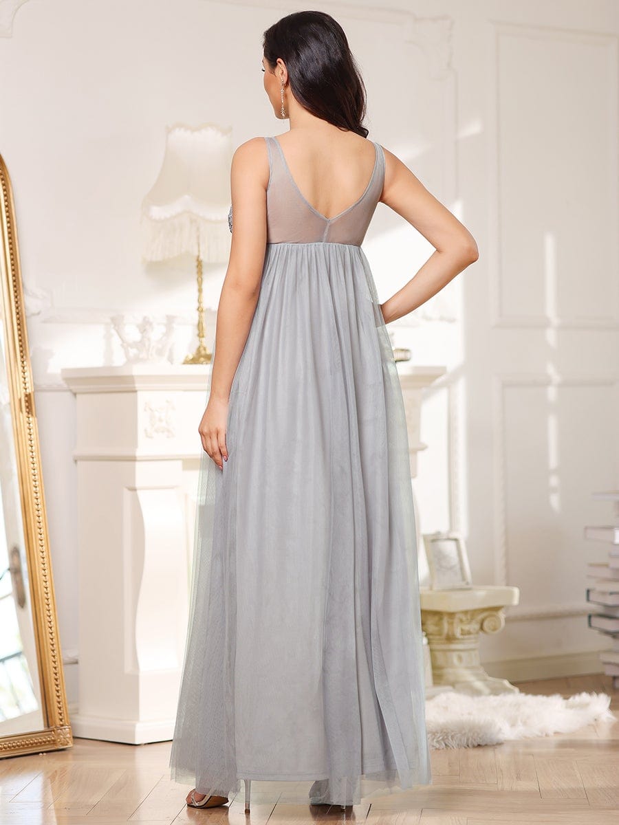 Double V-Neck Lace Bodice Long Flowy Maternity Dress #color_Grey